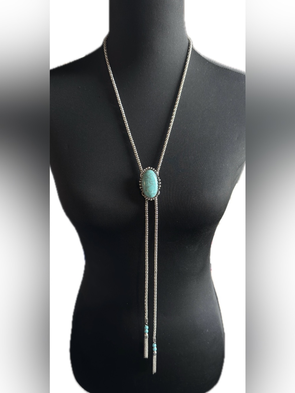 Long Silver Necklace with Turquoise Stone Pendant